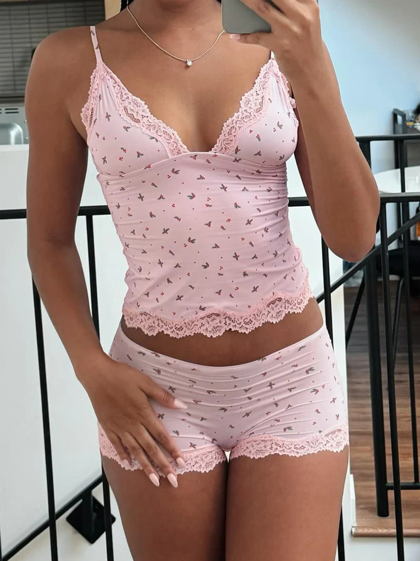 Summer Twopiece Pajamas Set for Women Sleepwear Floral Lace Pink Sleeveless Camisoles and Slim Shorts Loungewear 260625