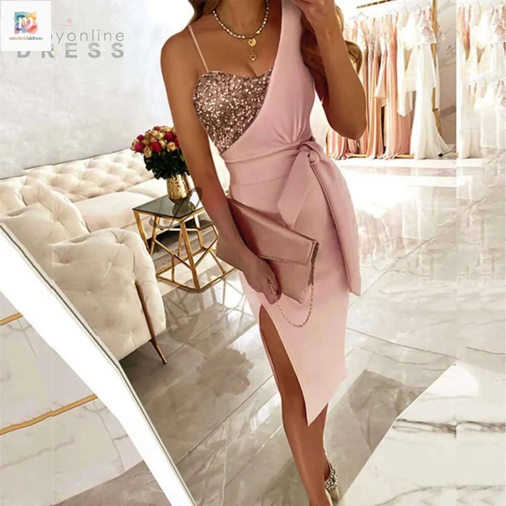 Women's Asymmetric Sequin Midi One Shoulder Bodycon Dress With Side Slit For Cocktail Party Events 23572 Mb626