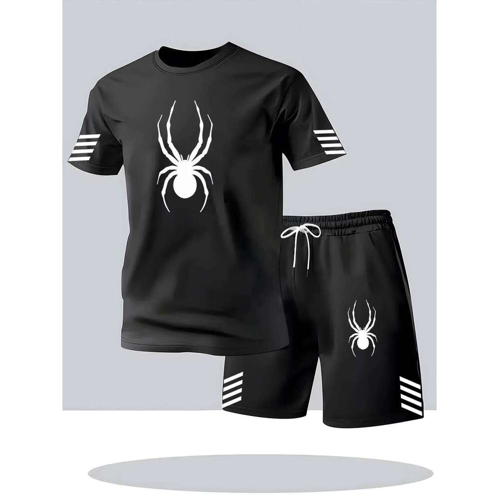 Men Fashion Print Two Piece Set Breathable Crew Neck Short Sleeve T-shirt Casual Sports Shorts Summer Outfit 26Y0626