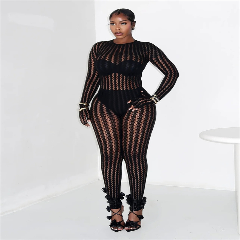 Weird Puss tie See Through Jumpsuit Women ONeck Irregular Stripe Patchwork Jacquard Hollow Sexy Street Stretch Slim Overall 260625