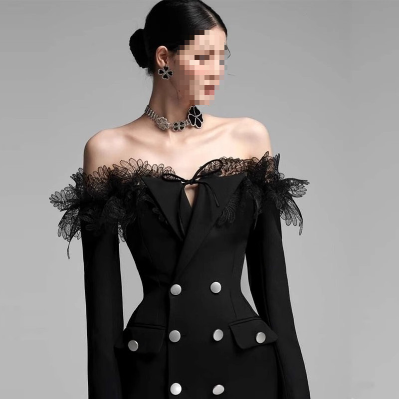Women Lace Spliced Mid Length Blazer Dress Elegant Spring Work Commuter Chic Casual MAKOUFEI - view 5