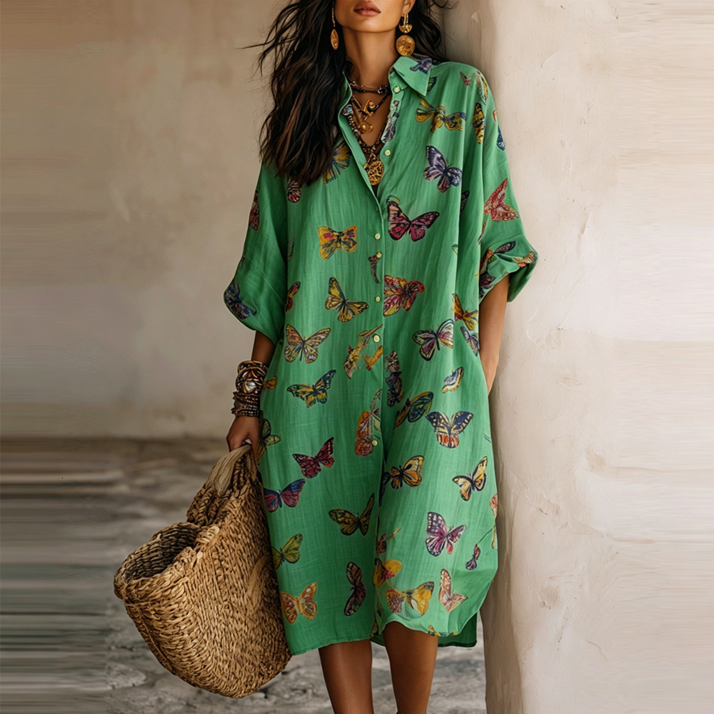 Women's Butterfly Print Dress, Lolita-Style Knee-Length Pencil Dress with V-Neck, Three-Quarter Lantern Sleeves, Dropped Waist and Split Detail, Butte - view 5