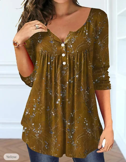 Plus Size Womens Spring and Autumn Long Sleeve Random Plant Print Button T-Shirt 260626 - view 4