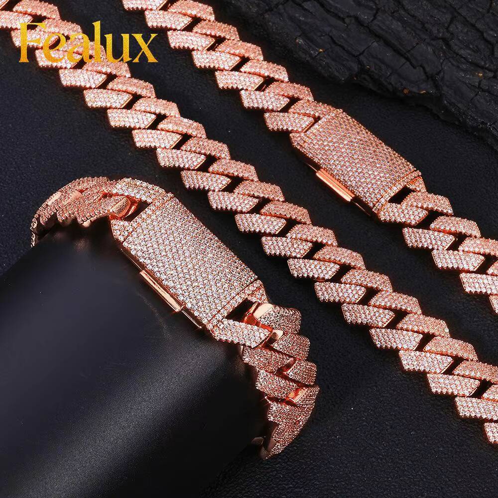 FealuxLuxury Miami Cuban Link Chain Necklace 15mm 4 Row Width Iced Out With Cz Stones Prong Set Rose Gold Plated Hip Hop Jewelry - view 1
