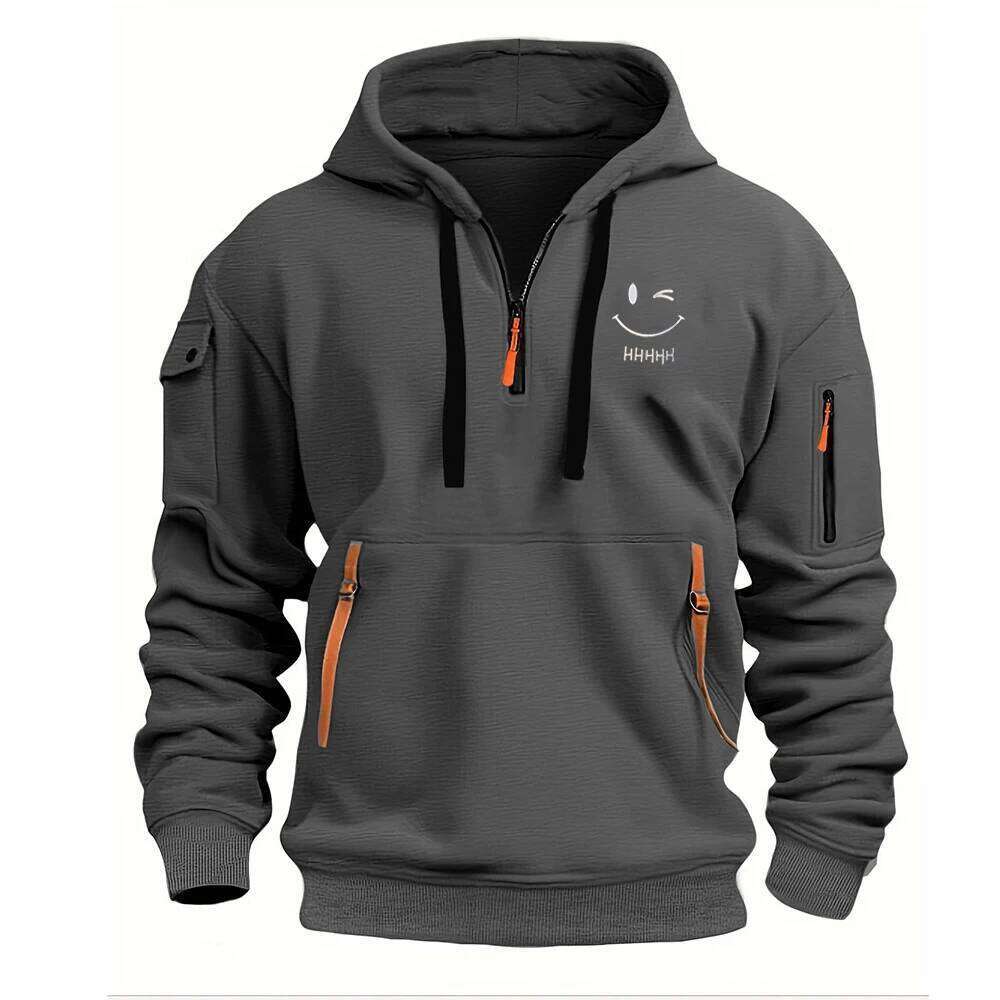 European new men's zipper pocket loose-fit sportswear, casual hooded jacket, with collar design W260626 - view 4