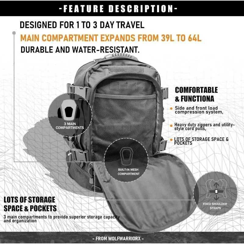 Tactical Backpack Military Hiking Miramrax Daypack - Molle Backpack for Men 3 Day Assault Pack Bug Out Bag for Camping Grey M260626 - view 5