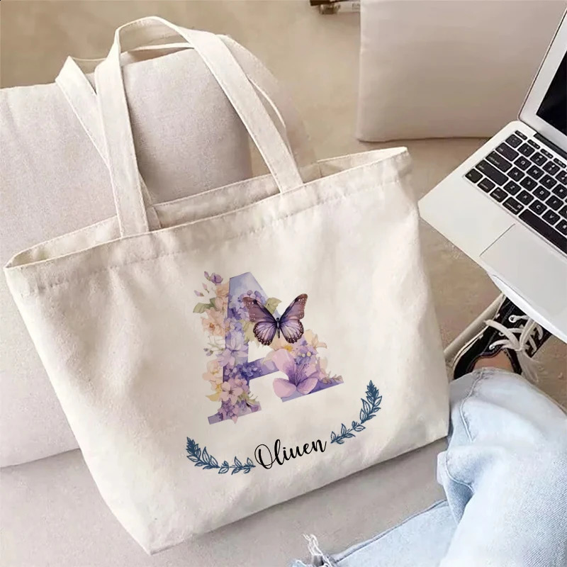 Flower Butterfly Letter Personalized Name Canvas Tote Bag Organizer Romantic Wedding Bridesmaid Party Gift Handbag Shoulder Bags 260625 - view 6