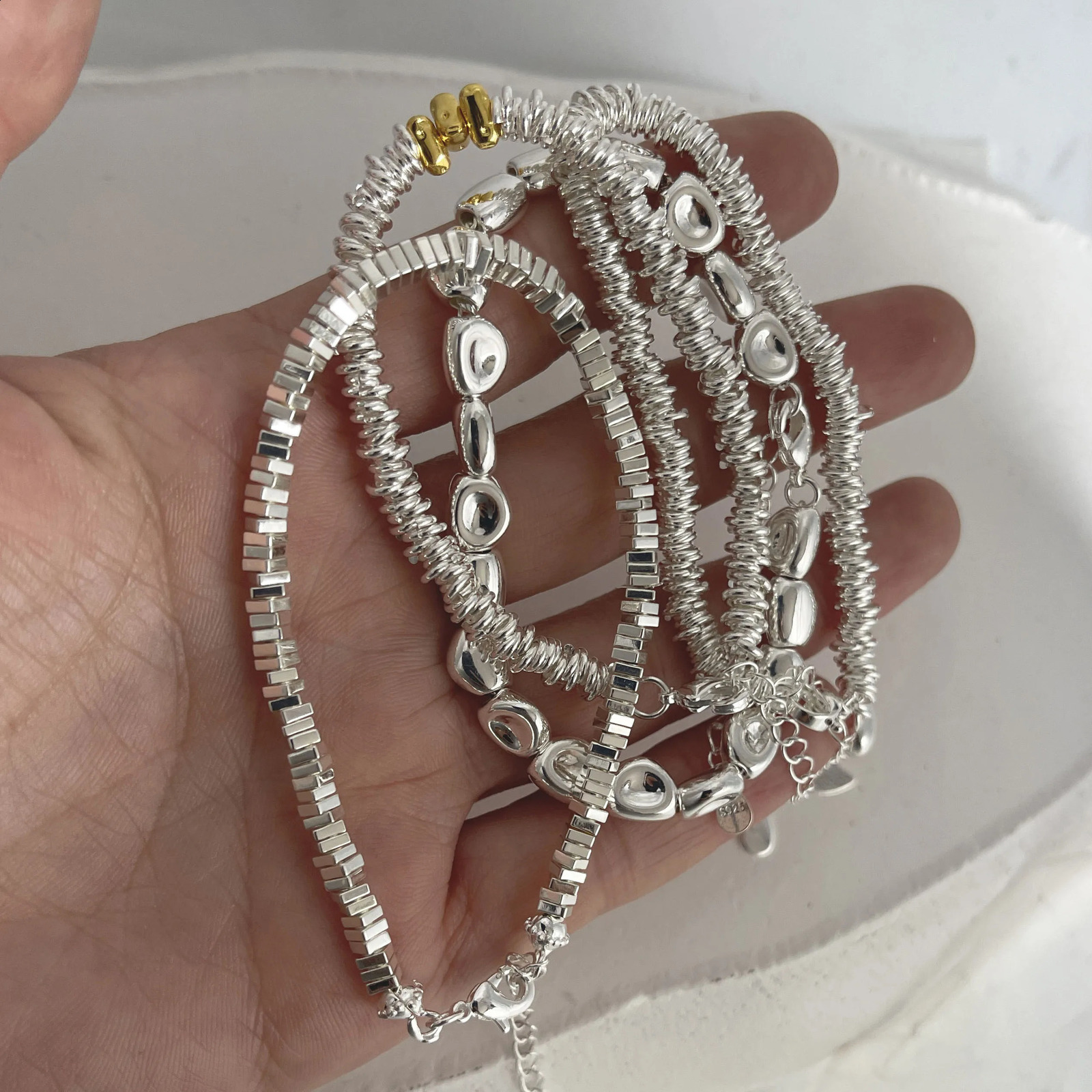 100 Solid 925 Sterling Silver Metal Bracelet for Women Handmade Simple Stone Bracelet Birthday Gift Party 260626