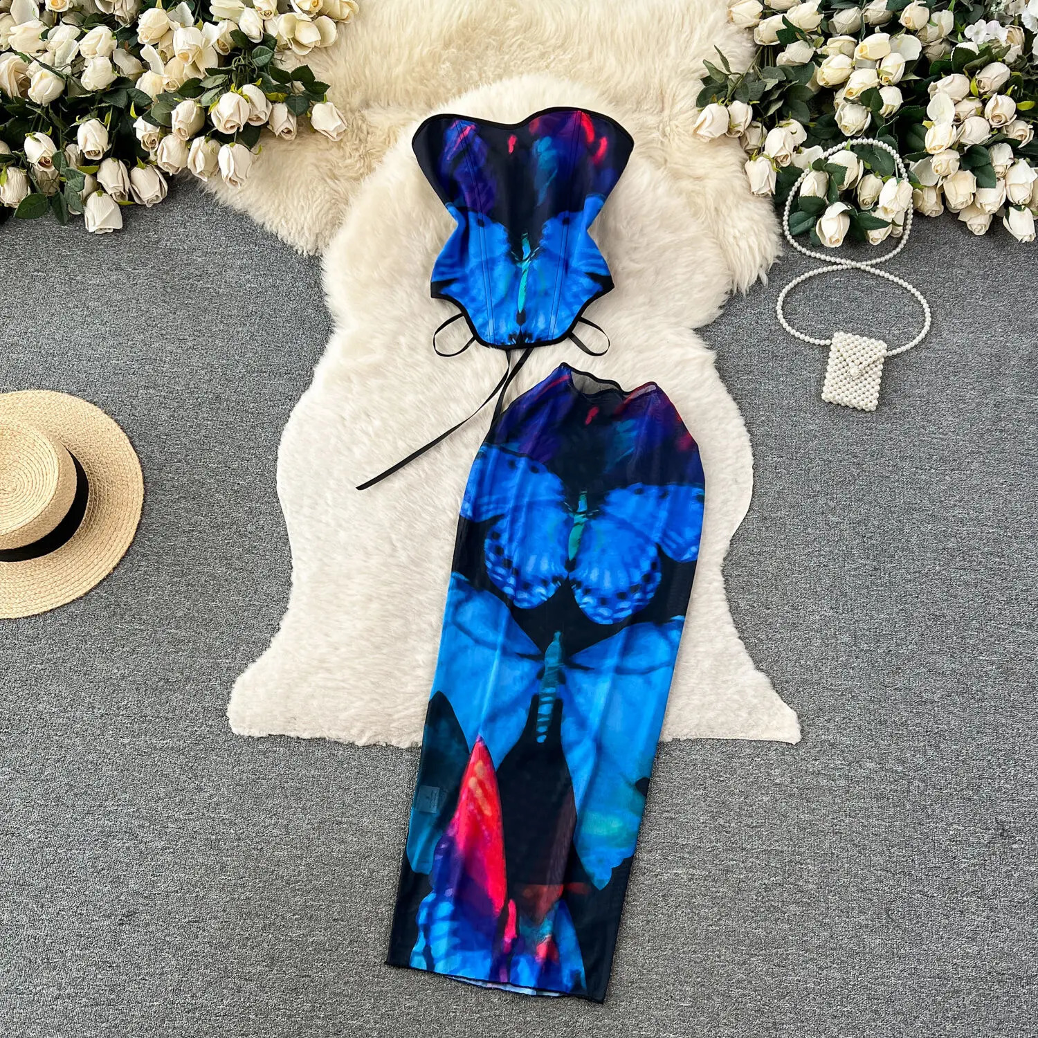 Womens Summer Sexy Lace Up Tight Sleevless Bra Top And Fashion n Print Mini Long Half Skirt Two Piece Set 260615