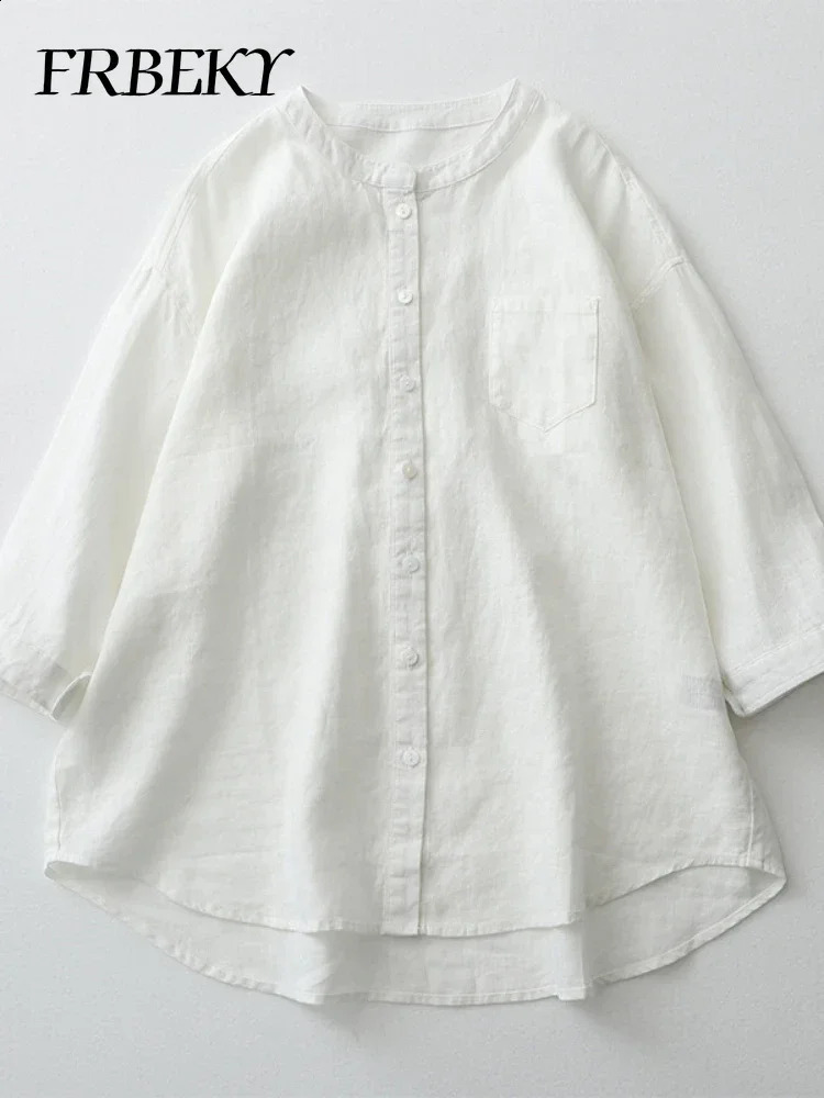 Summer Cotton Linen Solid Color Shirt Standup Collar Sevenminute Sleeve Loose Japanese Womens Blouse Oversized Vintage 260626 - view 5