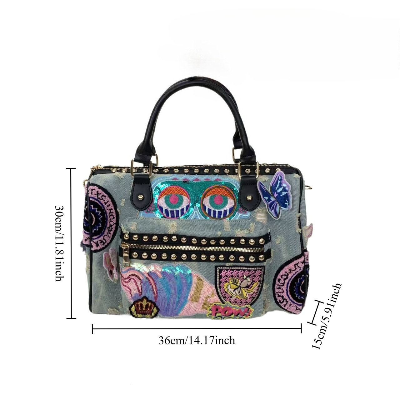 Hot Denim Patchwork Handbag Sequin Embroidery Boston Bag Rivet Crossbody Shoulder Purse, Colorful Cartoon Sequins Badge Studded Design - view 6