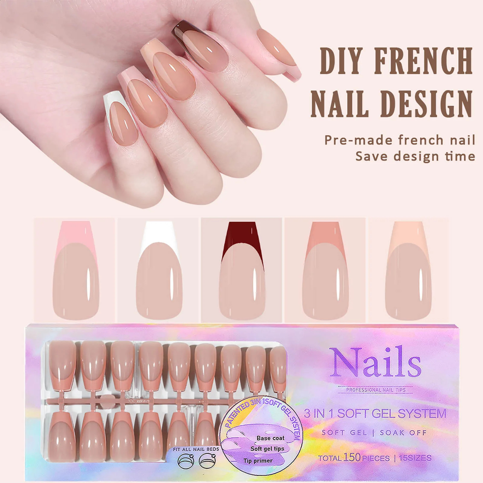 150pcs 6 Colors Fake Nail Multi-size False Nail Press On Acrylic Nails Almond French Wearing Armor Removable Convenient 260626 - view 4
