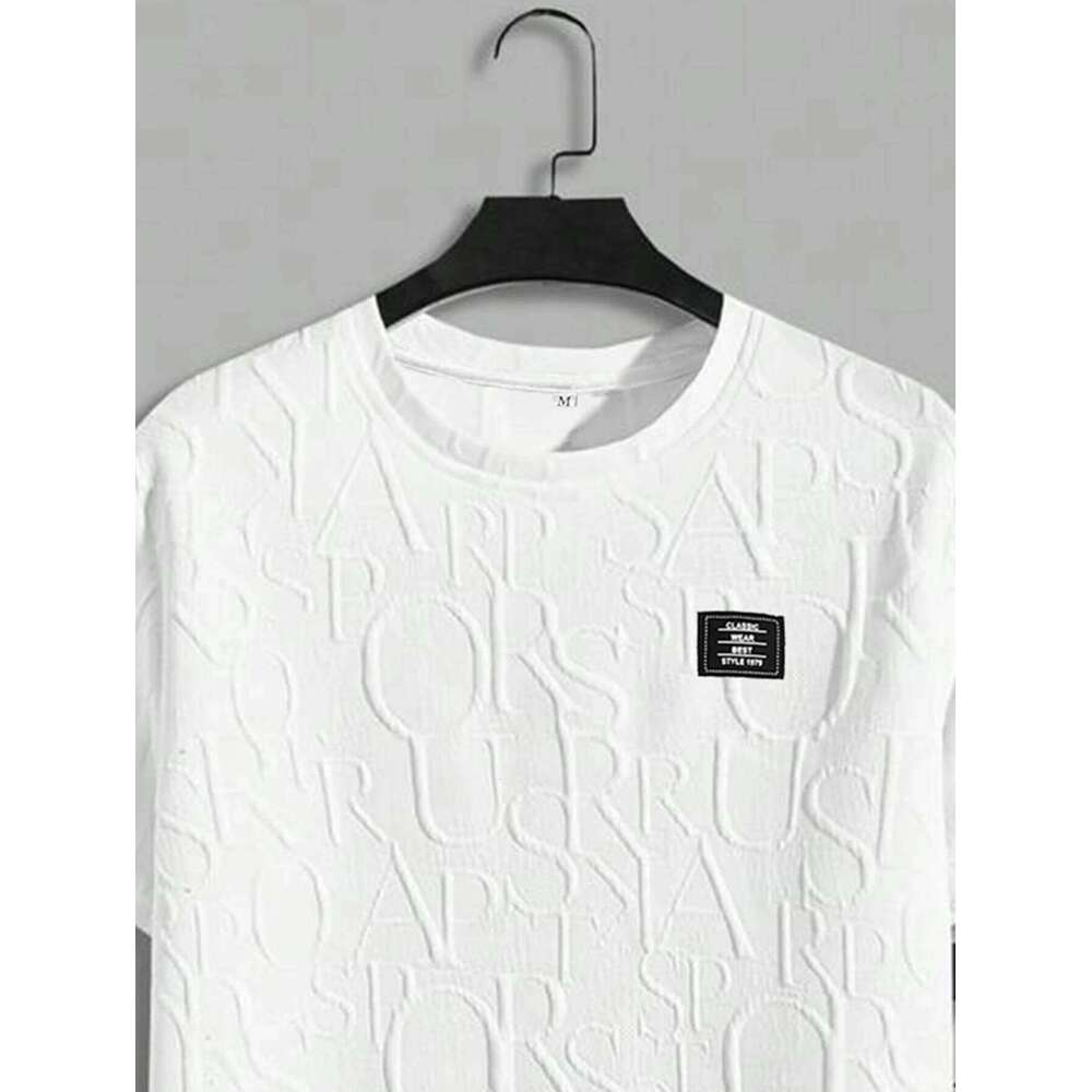 Men's Textured Letter Patched Round Neck Tee Drawstring Two-Piece Set Regular Fit Casual Short Sleeve T shirt & Shorts 26Y0626 - view 5