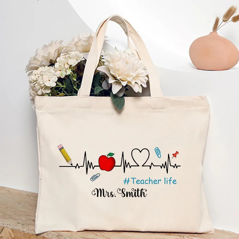 Personalized Tote Bag Custom Name Canvas Shoulder Bags Teacher Life Shopping Bag Female Travel Handbags Gift for Teachers 260625 - view 5