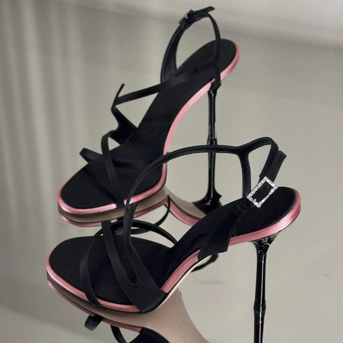 Women 2026 Black Stiletto High Heeled Shoes New Summer Model Open Toe One Strap Satin Color Blocking Elegant And Versatile Women S Sandals - view 1