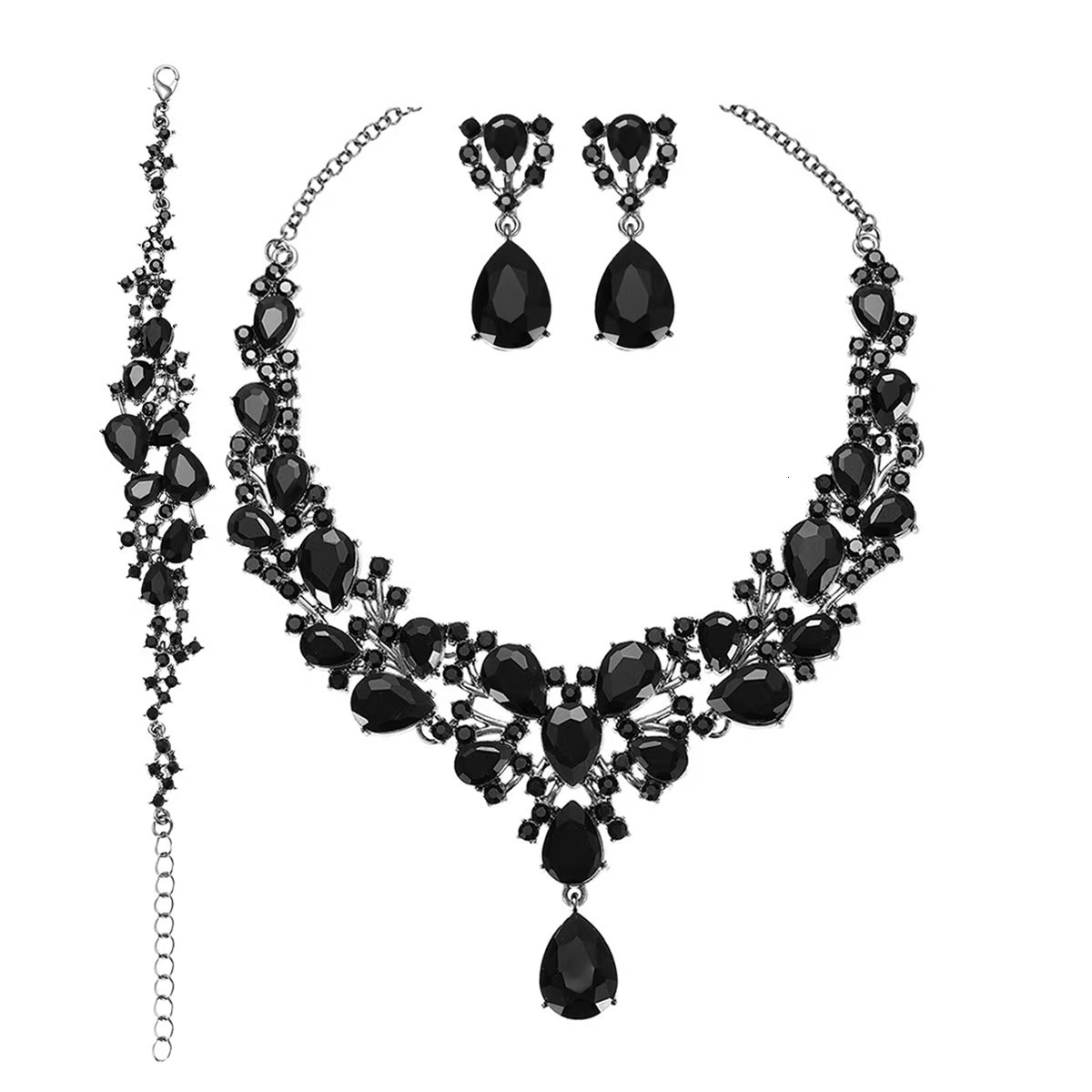Champagne Water Drop Crystal 3Pcs Bridal Jewelry Set Gold Plated Floral V Bib Necklace Dangle Earrings Link Bracelet Women Wedding Evening Banquet - view 6