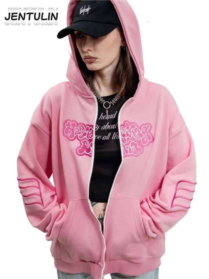Y2K Retro zip up Hoodie Men Embroidery Pink Zipper Sweatshirt Cartoon Hiphop Streetwear Oversize Korean Graphic Jacket Goth W260626 - view 3