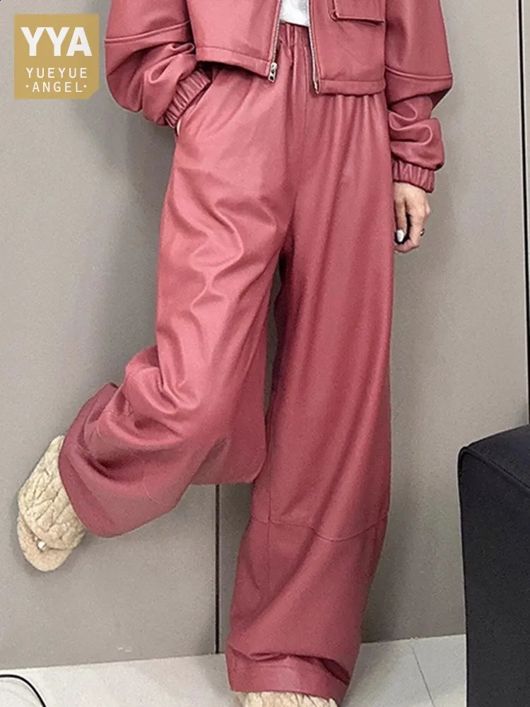 Autumn Women Casual Trousers Streetwear Sheepskin Genuine Leather Pants High Elastic Waist Fashion Female Wide Leg 260625