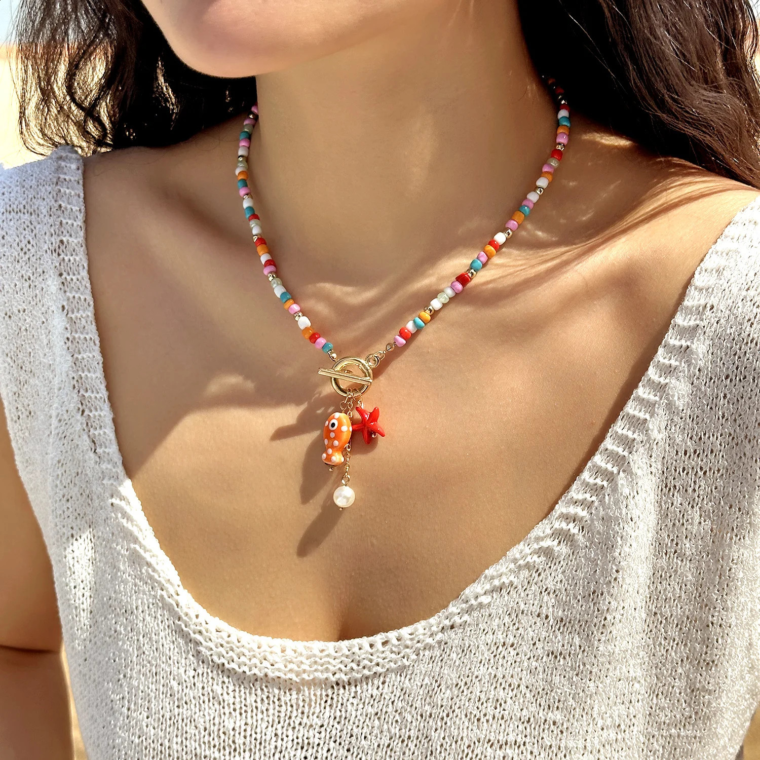 Beach Style Colorful Ceramic Fish Starfish Choker Necklace For Women Ocean Series Scallops Beaded Necklaces Vacation Jewelry 260626 - view 7