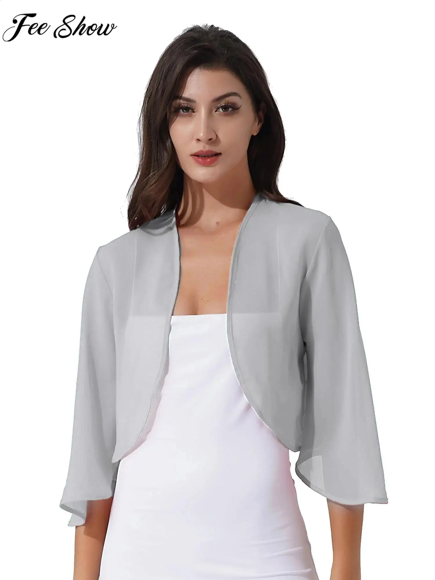 Women 3/4 Sleeve Chiffon Cardigan Bolero Shawls Outerwear Wedding Bridal Party Dress Wraps Beach Vacation Cover Ups Soft Cape 260625 - view 1