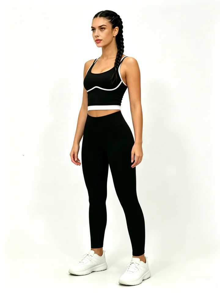 Yoga Set 2 Piece Womens Black White Contrast Sports Tank Top High Waist Leggings Workout Gym Fitness Activewear Tracksuit M260626 - view 6