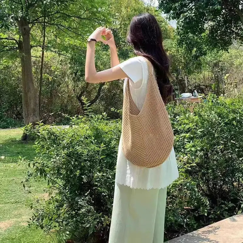 Fashion Womens Hollow Woven Shoulder Bags Large Capacity Knitting Underarm Bag Solid Crochet Tote Handbag Summer Mesh Beach Bag 260626 - view 4