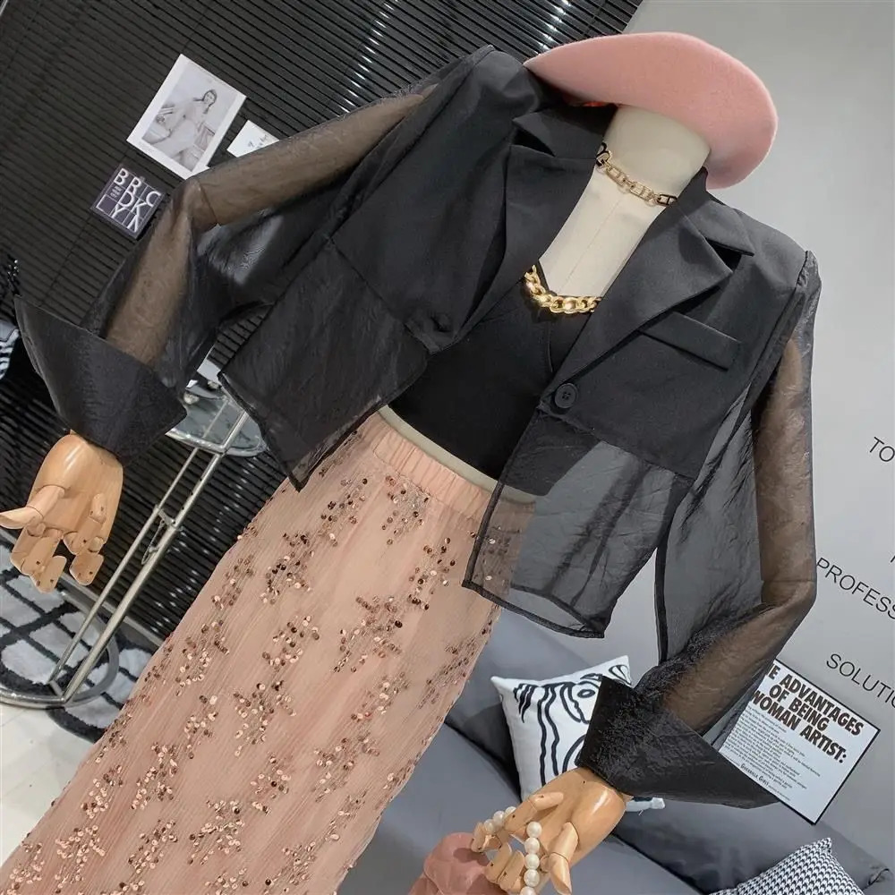 Sunproof Blazers Women Cropped Seethrough Backslit Summer Aesthetic Patchwork Streetwear Office Lady Fashionable Outwear 260625 - view 4