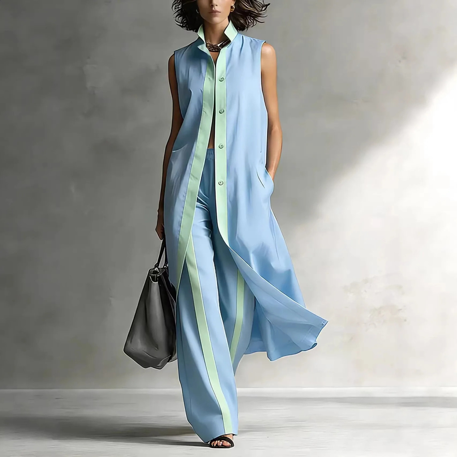 Womens Twopiece Sleeveless Standup Collar Vest Cardigan Trousers 2026 Summer Loose Fashion Casual Contrast Color Suit 260626