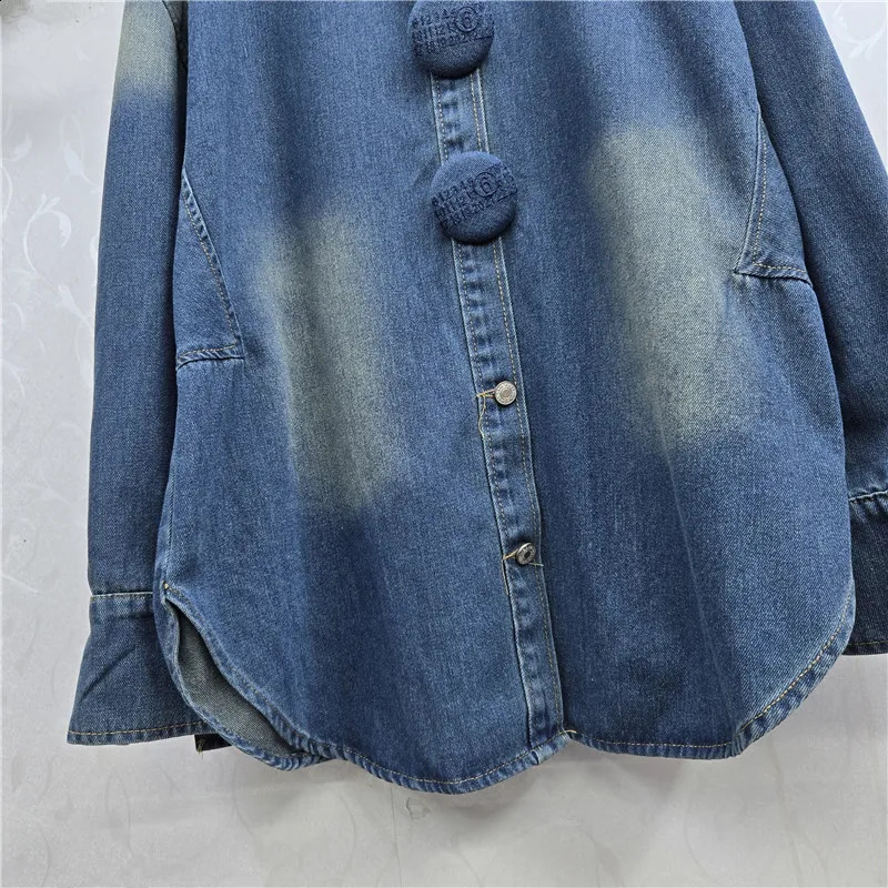 SuperAen European and American Autumn and Winter Polo Collar Long-sleeved Large-button n Contrast Color Loose Denim Shirts 260626 - view 7