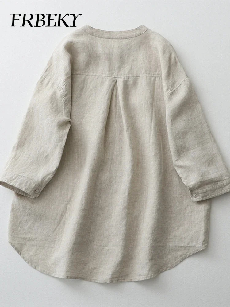 Summer Cotton Linen Solid Color Shirt Standup Collar Sevenminute Sleeve Loose Japanese Womens Blouse Oversized Vintage 260626 - view 4