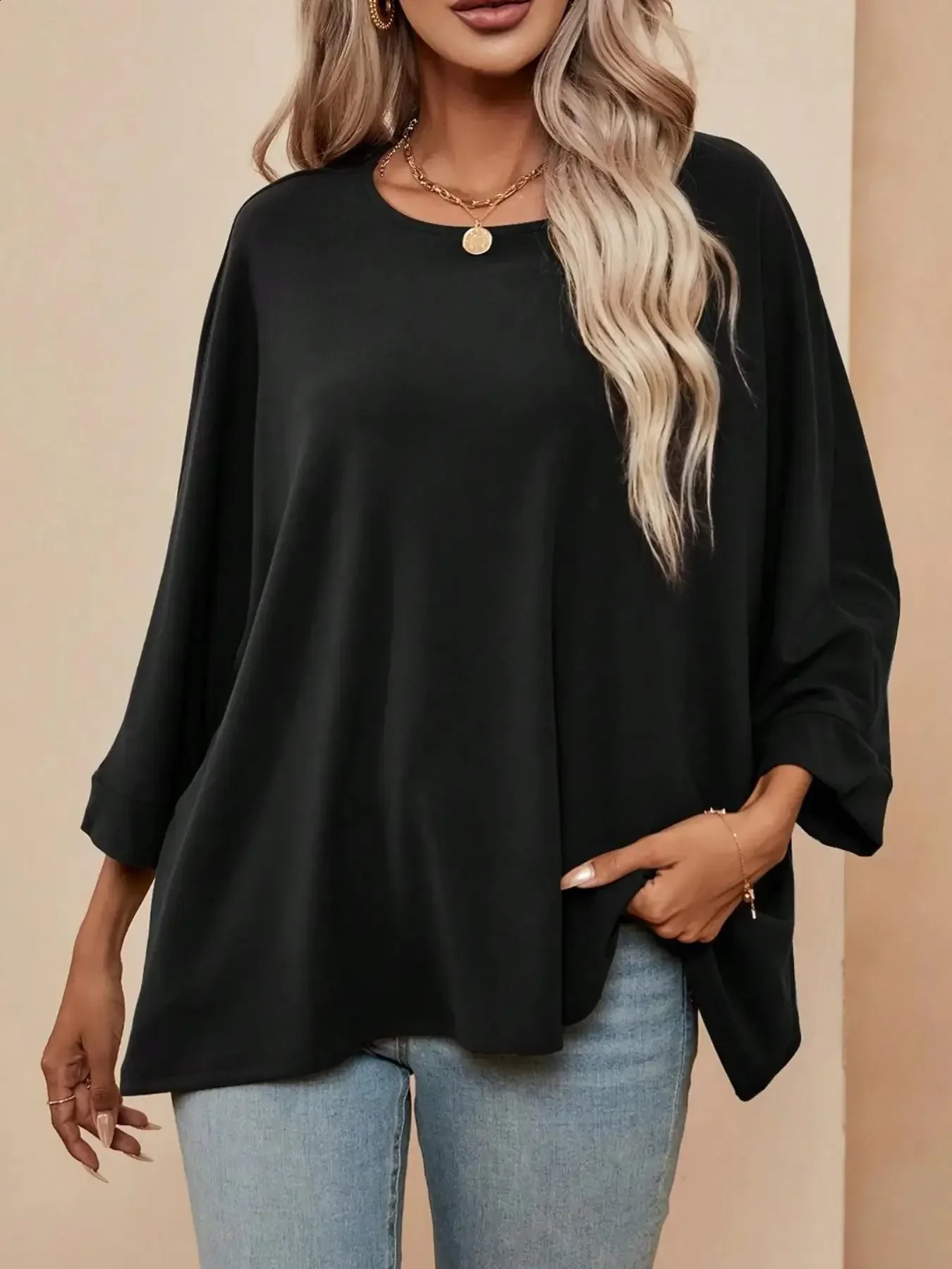 Plus Size Womens Fashionable Spring Autumn Long Sleeved T-shirt Ladies Casual O-neck Solid Color Bat Sleeve T-shirt Loose Tops 260626 - view 5