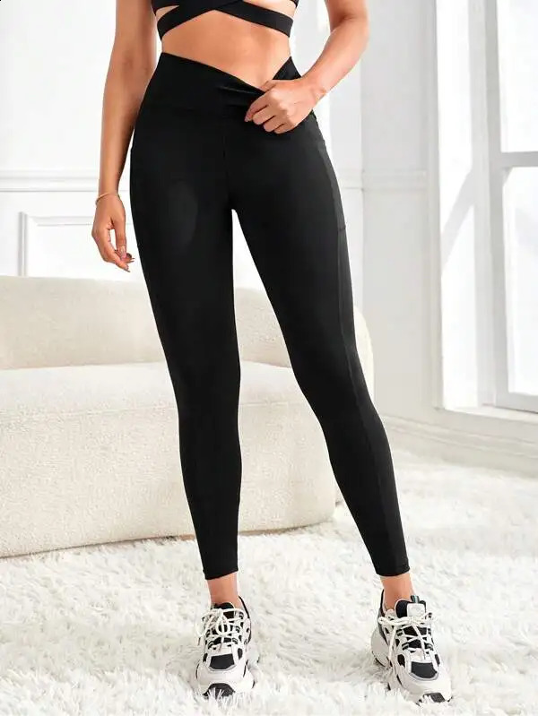 Womens high-waisted solid color pocket yoga leggings slim-fit stretch leggings comfortable and breathable fitness pants 260626 - view 6