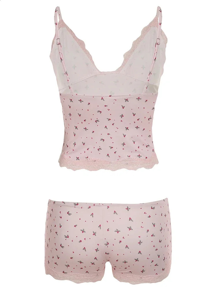Summer Twopiece Pajamas Set for Women Sleepwear Floral Lace Pink Sleeveless Camisoles and Slim Shorts Loungewear 260625 - view 7