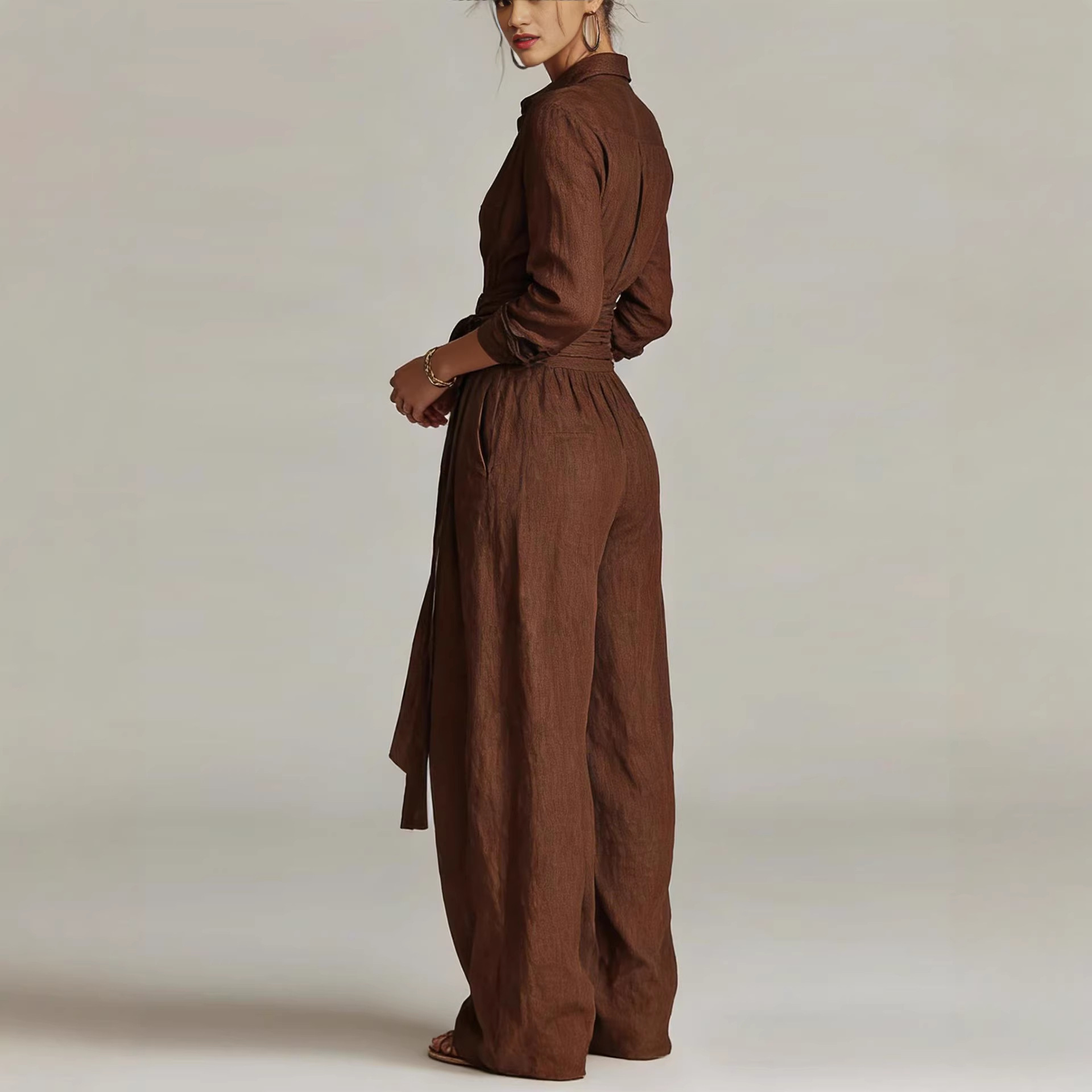 Cross-border independent station Amazon 2026 Spring Solid Color Lapel Top Fashion Casual High-Waisted Long Pants Two-Piece Set WONST - view 5