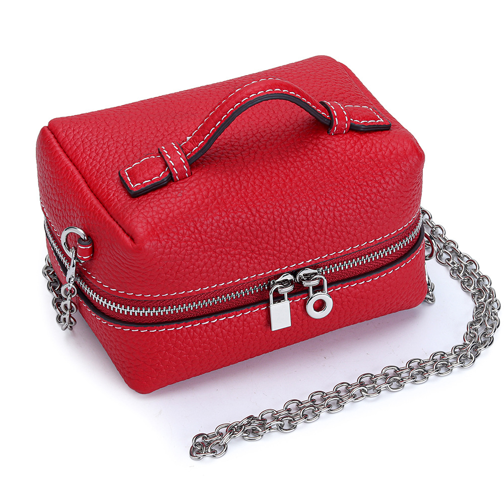 Women 10 Color Top Layer Cowhide Mini Chain Bag, Double Zipper Large Capacity Hand Pouch Multi Purpose Cosmetic Jewelry Bead Storage Crossbody Purse - view 6