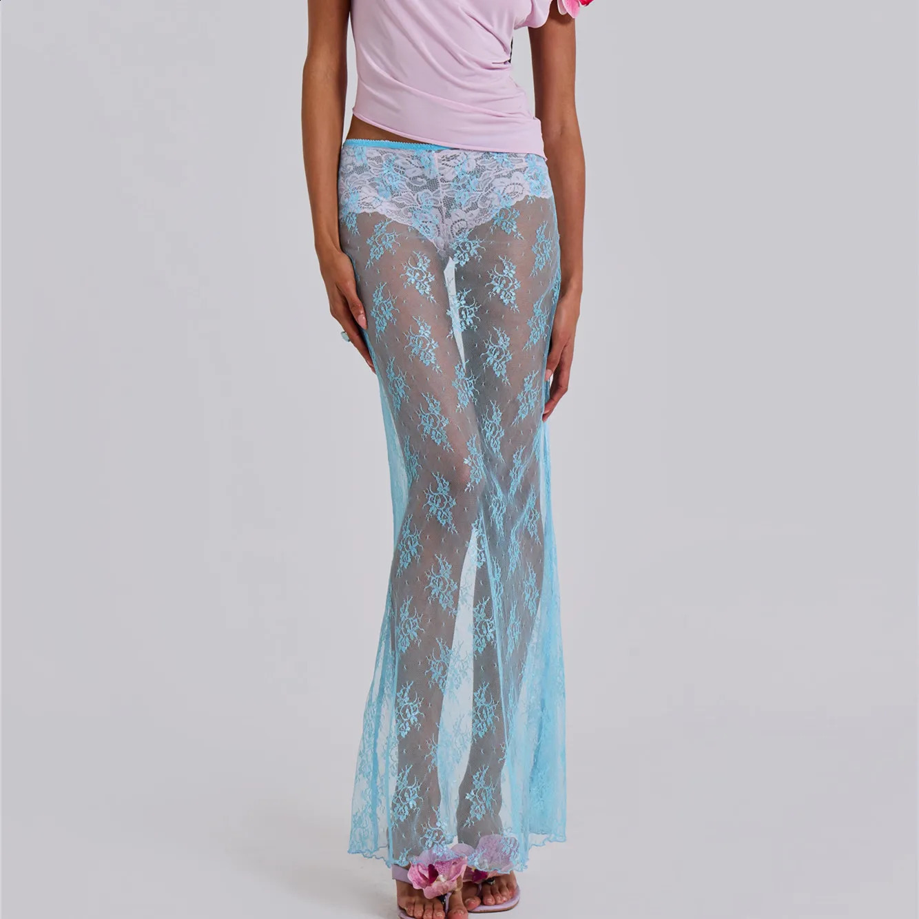 Women Lace Sheer Maxi Skirt Y2k High Waist Split Midi Sexy See Through Cover Up Long Beach Boho Clubwear 260626