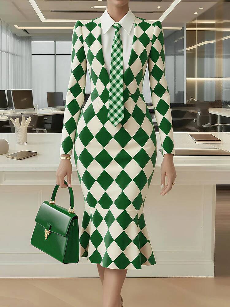 Turn-Down Collar Simple Mermaid Women Spring Autumn Long Sleeve Print Trumpet Dress, New Fashion Office Chic Ladies Dress Asia Size