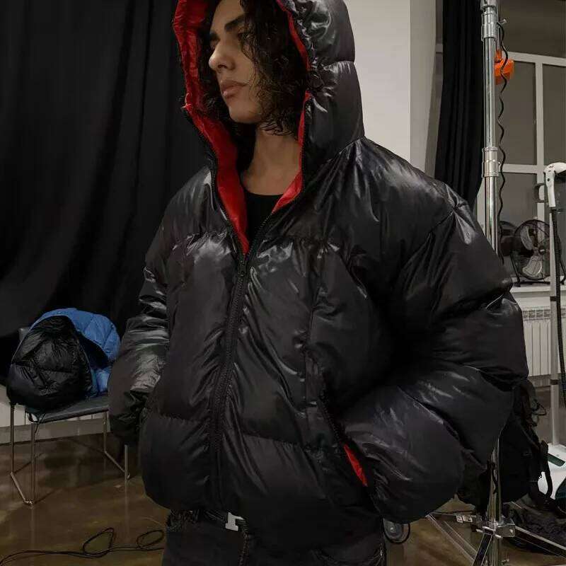 Men Shiny Puffer Jacket Back Homme Letter Print Hooded Down Oversized Warm Winter Couple Bubble Coat Black White Unisex New W260626 - view 3