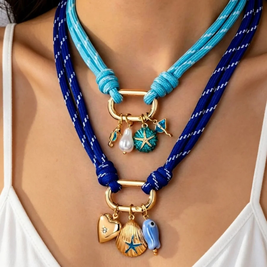 Fresh Summer Blue Braided Cord Choker Necklace Women Ocean Resin Enamel Starfish Seahorse Pendant Beach Vacation Fashion Jewelry 260626
