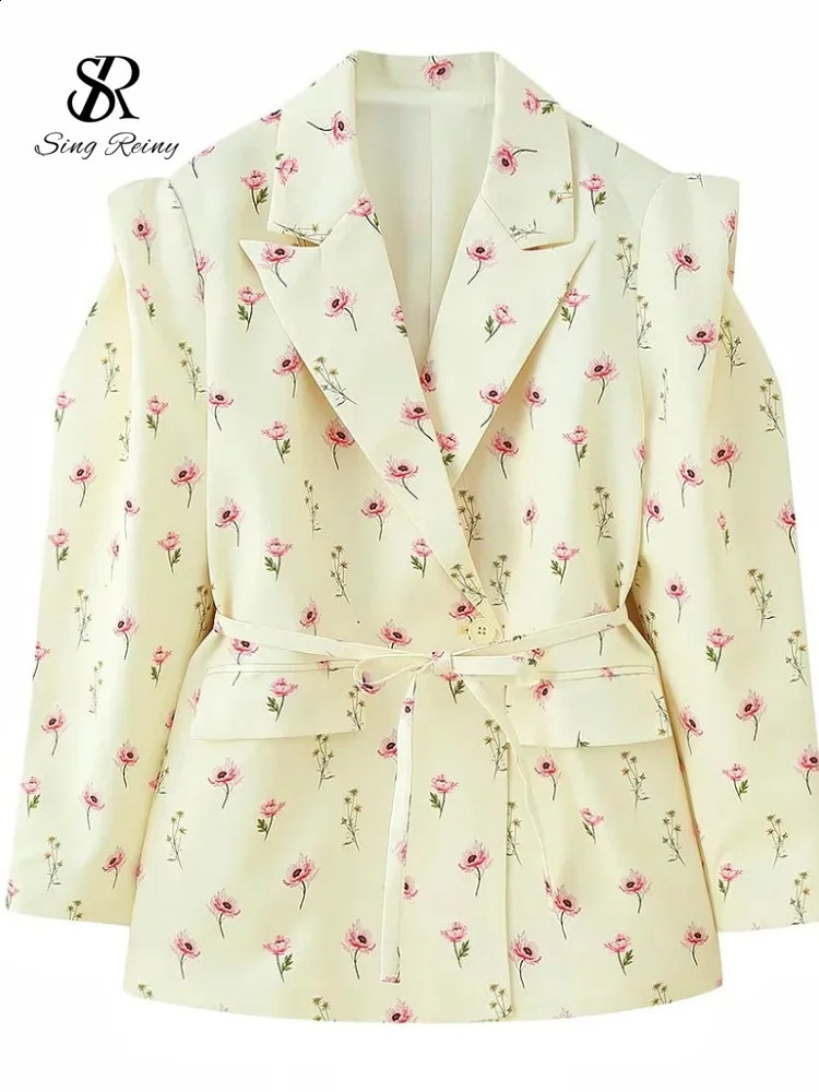 SINGREINY Chic Oversize Floral Printed Jacket Women Padded Lapel Lace Up Loose Outwears Autumn Long Sleeves OL Casual Blazer 260625 - view 7
