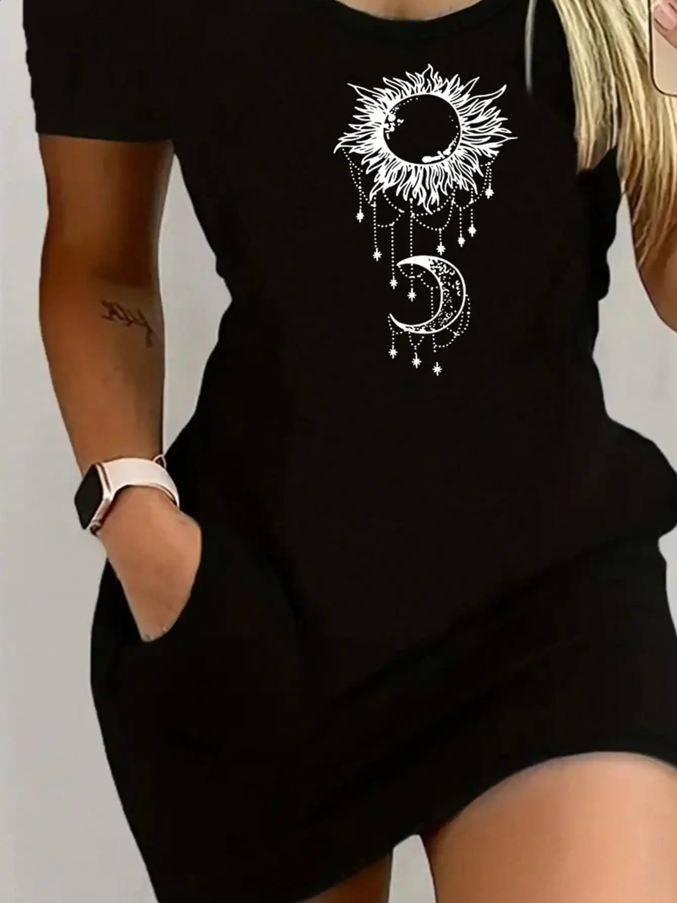 2026 Womens Casual Elegant Style Sun Moon Pattern Solid Color Round Neck Short Sleeve Sexy Dress Skirt 260625 - view 4