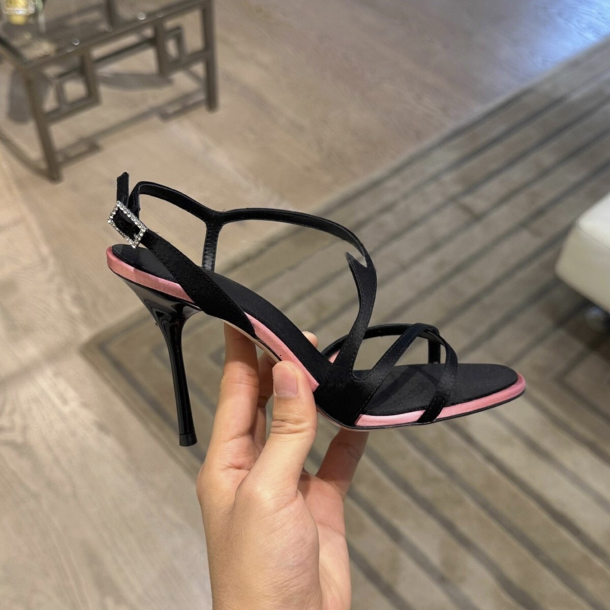Women 2026 Black Stiletto High Heeled Shoes New Summer Model Open Toe One Strap Satin Color Blocking Elegant And Versatile Women S Sandals - view 5