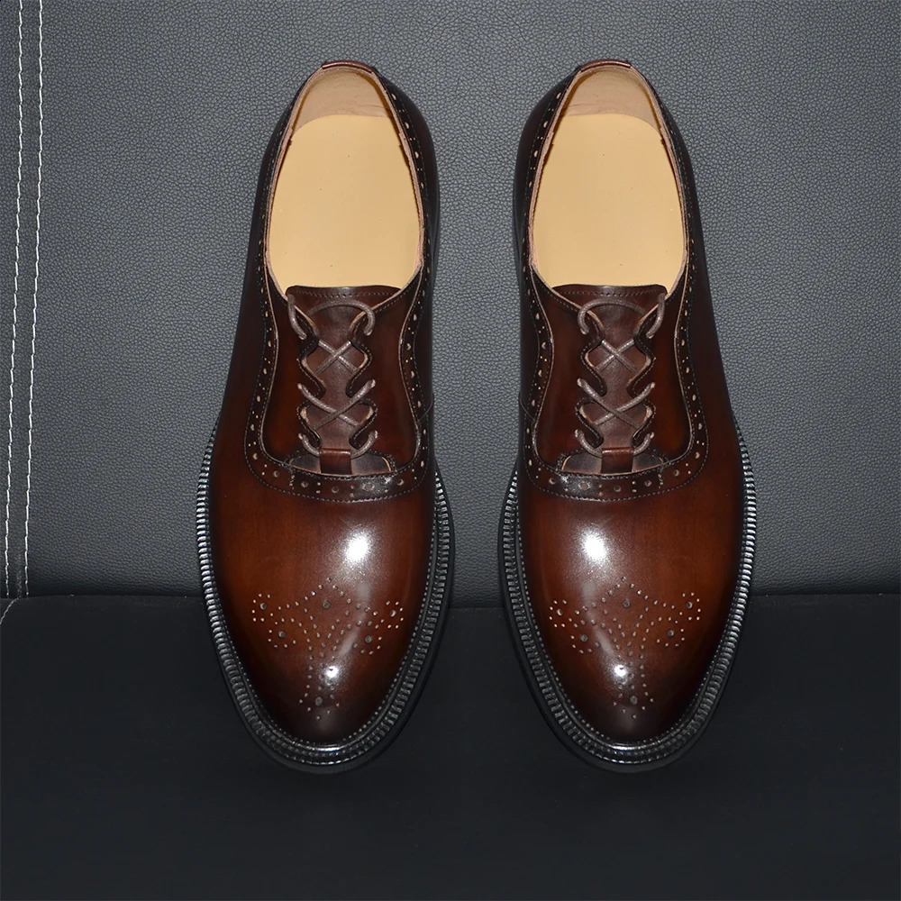 Classy Mens Oxfords Wedding Formal Shoes Handmade Genuine Leather Lace-up Brogue Round Toe Business Office Dress Shoes for Men 260626 - view 4