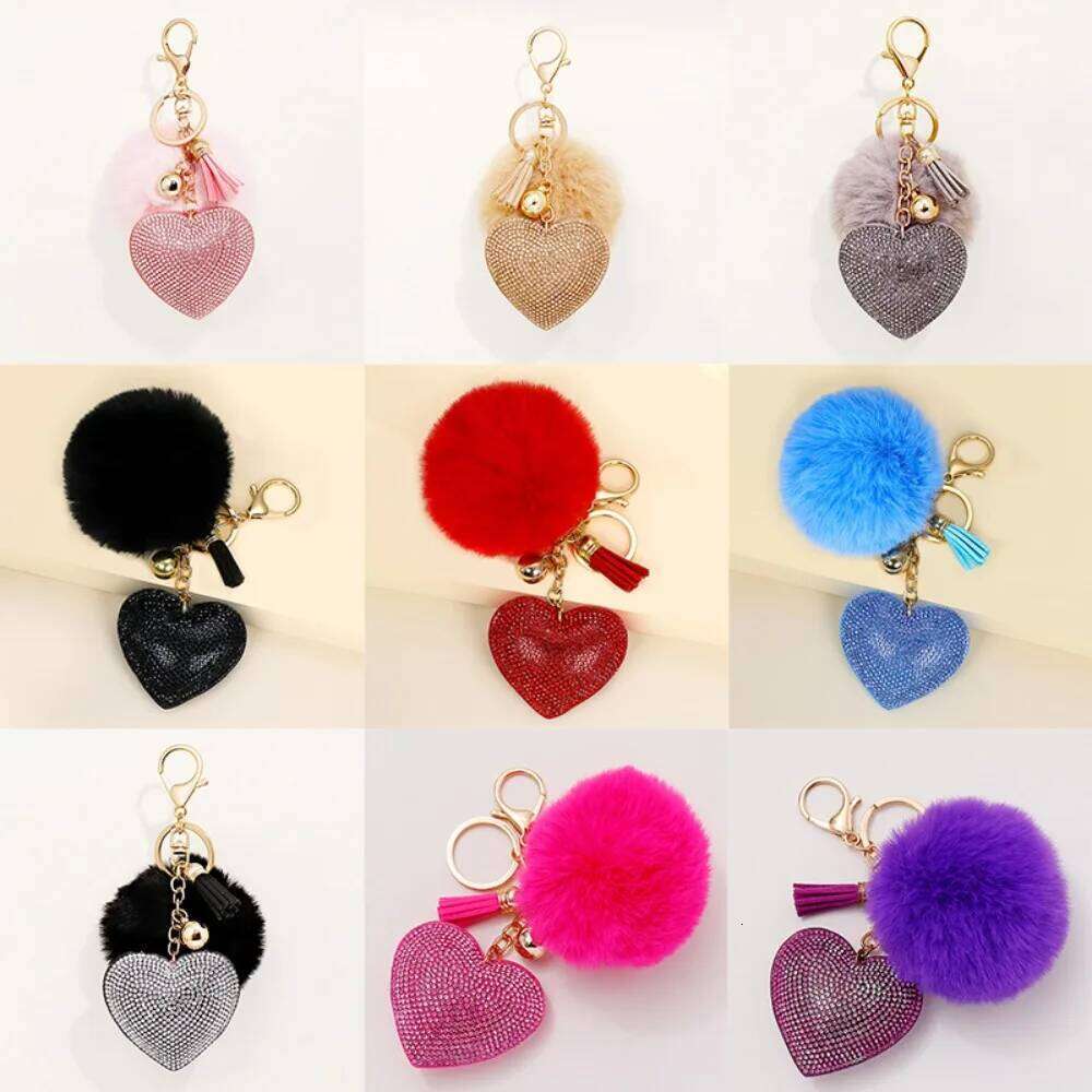Fashion Fluffy Plush Ball Faux Fur Pompom Rhinestone Heart Bag Pendant Solid Color Key Ring Alloy Furball Keychain 26Y0626 - view 3