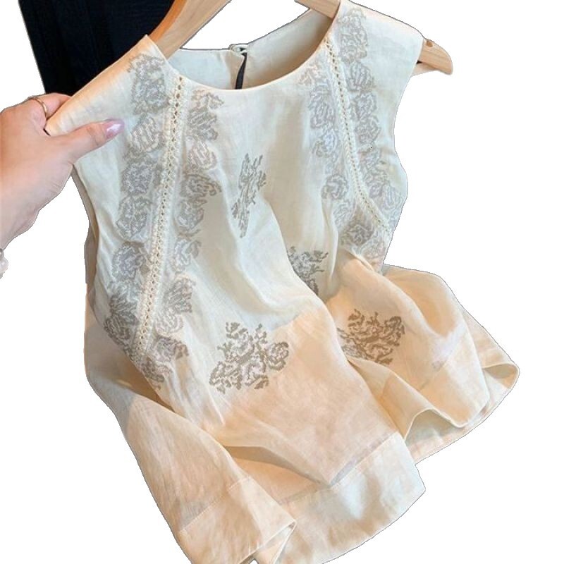 New Chinese-Style Sleeveless For Women With Floral Embroidery, Summer New Elegant Round-Neck Thin Shirt A5303 Sleeveless Top Sexy Suspenders - view 6