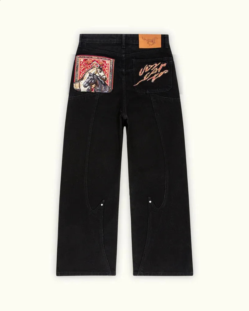 Y2K Black Baggy Cargo Jeans Men Horse Back Pocket Embroidery Cursive Wild Ride Distressed Cut Out Wide Leg Casual Denim Trouser 260625 - view 3