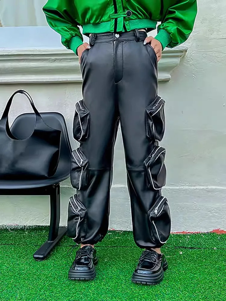 Fashion Women Multi Pocket Sheepskin Genuine Leather Cargo Pants Adjustable Jogger Harem Hop Hip Casual Ankle Length 260625 - view 3
