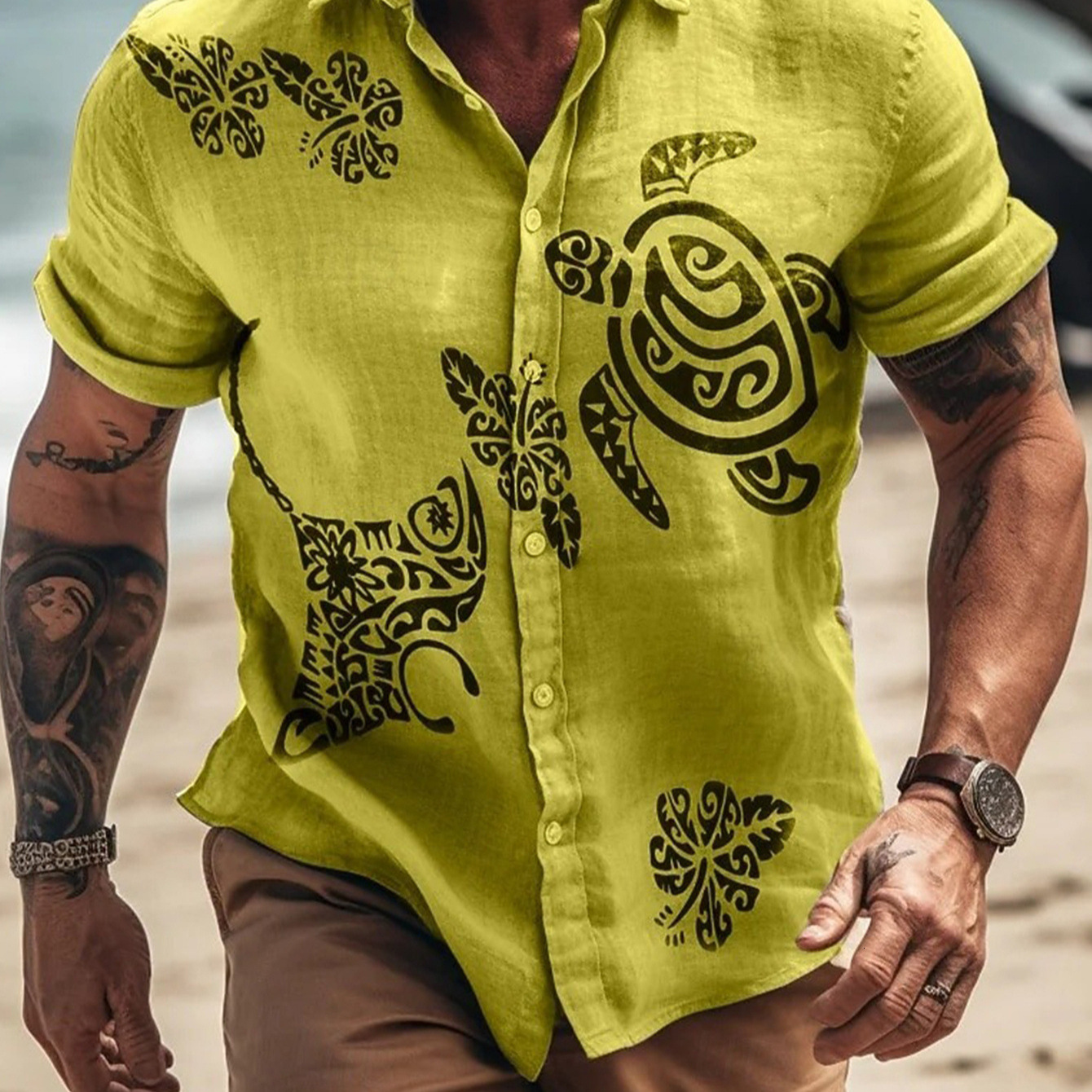 Pink Linen Polynesian Turtle Floral Print Collared Men's Beach Short-Sleeve Shirt In Stock - view 5