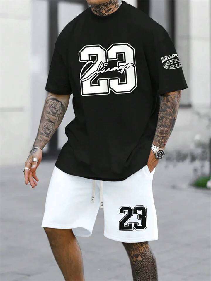 Summer Men's Short Sleeve T-shirt 2-piece Set Plus Size T Shirt Clothing O-neck T-shirts Side Pocket Elastic Waist Shorts 26Y0626 - view 1
