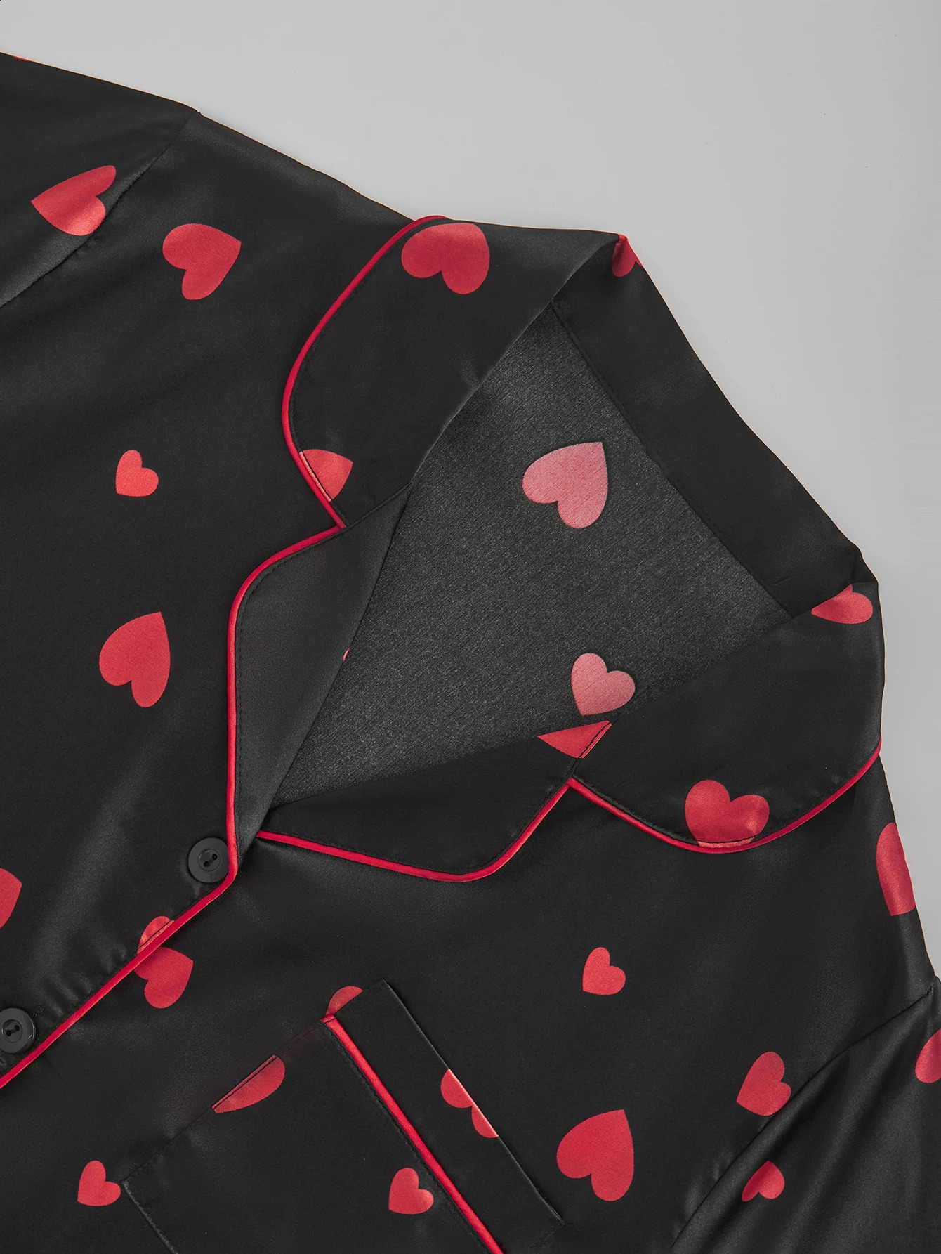 Womens Satin Silk Pajama Set Black Red Heart Print Short Sleeve Long Pants 2 Piece Loungewear Button Down Sleepwear 260625 - view 5